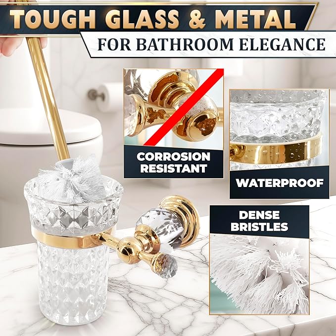 Gold Stainless Steel Toilet Brush with Crystal Toilet Brush Holder Set – Wall Mounted Holder Replaceable Head Decorative Space-Saving Design Bathroom Toilet Accessory Elegant Toilet Bowl Cleaner Set