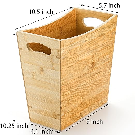 TOPZEA Bamboo Waste Basket Rectangular Narrow Trash Can with Handle Wastebasket Waste Bin Garbage Can for Bathroom Bedroom Office and Home 10.5 x 5.7 x 10.25