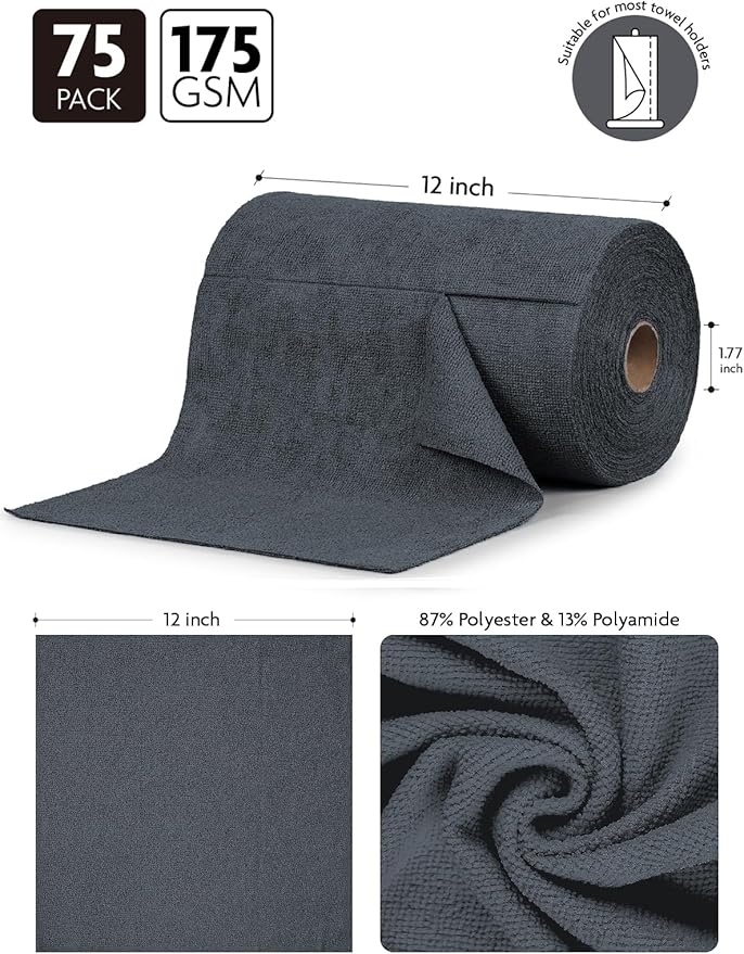 Fantasticlean Microfiber Cleaning Cloth Roll -75 Pack Tear Away Microfiber Towels 12 x 12 Reusable Washable Scratch Free Ultra Absorbent for All-Around Cleaning Supplies (DimGray)