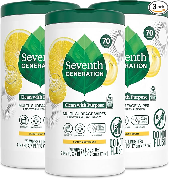 Seventh Generation Multi Surface Wipes Pack of 3 for all purpose cleaning lemon zest scent with 100% essential oils and botanical ingredients 70 ct each