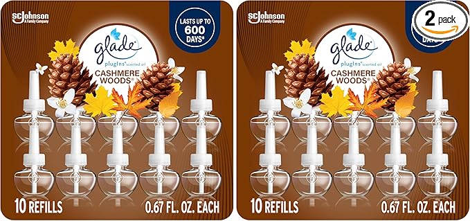 Glade PlugIns Refills Air Freshener Scented and Essential Oils for Home and Bathroom Cashmere Woods 6.7 Fl Oz 10 Count (Packaging May Vary) (Pack of 2)