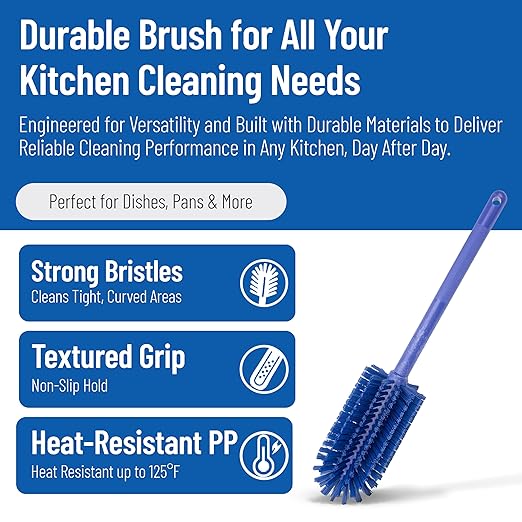 SPARTA Large Water Bottle Brush Ideal for Wide-Mouth Jars Bottles and Tumblers Dishwashing Tool with Handle for Home and Commercial Kitchens Plastic 16 Inches Blue