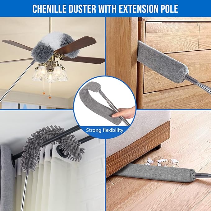 Microfiber Feather Duster Kit with Extension Pole (30–100) – Bendable Washable Heads Extendable Dusters for Cleaning Ceiling Fan High Ceiling Blinds Furniture &amp Cars (5 Pcs)