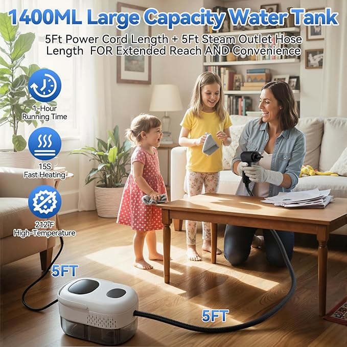 Steam Cleaner2500W High-Pressure Steamer for Cleaning 15s Fast Heat-Up&amp1.4L Large Tank3-Level Adjustable Handle with 14 AccessoriesPortable Steam Cleaner for HomeCarFurnitureBathroom