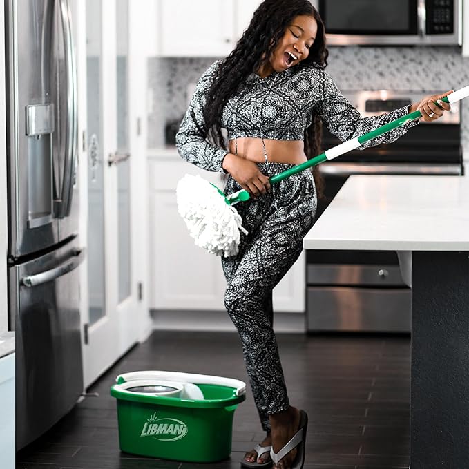 Libman Tornado Spin Mop System and 1 Refill Mop and Bucket with Wringer Set for Hardwood Floor Cleaning 2 Total Heads Included