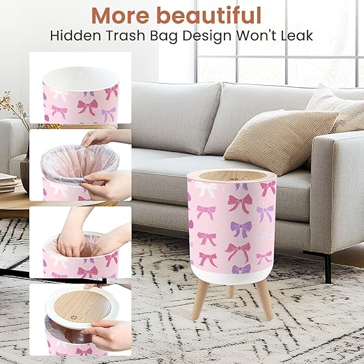 Bathroom Trash Can with Lid Pink Bows Ribbons Seamless Valentines Design Coquette core Handdrawn Garbage Bin Waste Basket for Kitchen Office Bedroom Decoration Diaper Pail 1.8 Gallon