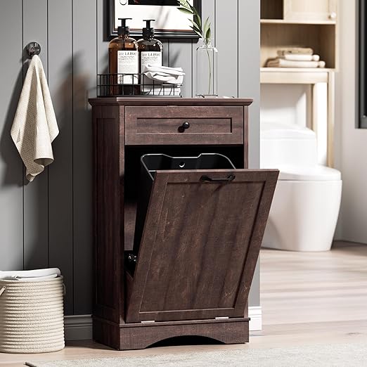 AHB 13 Gallons Tilt Out Trash Cabinet Hidden Trash Can Cabinet Freestanding Garbage Recycling Cabinet with Hideaway Drawer Pet Proof Trash Bin for Kitchen Living Room Brown