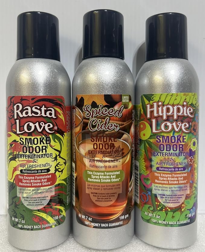 Smoke Odor Exterminator 198 gm/ 7 oz Large Spray Rasta Love Set of Three Cans. Assortment (3) Includes Rasta Love Hippie Love &amp Spiced Cider.