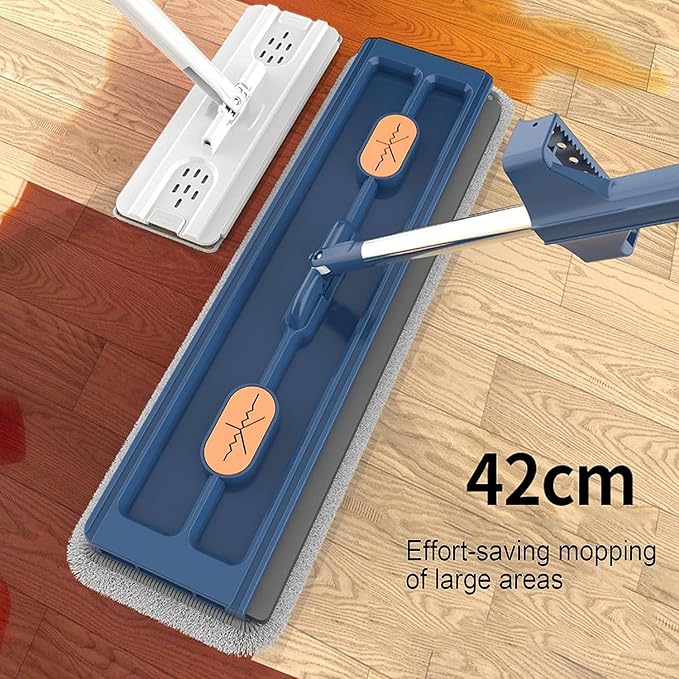 Large Flat Mop 2023 Large 16’’ Flat Mop Wet and Dry Use360° Freely Rotating Head Self-Contained Dewatering Scraper with 2/4 Microfiber Pads 12027(Blue4Pcs)
