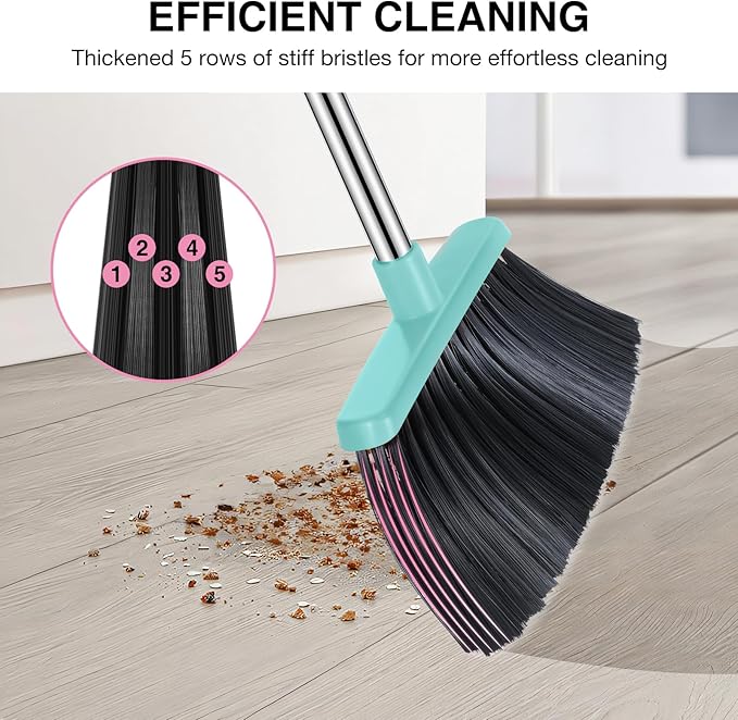 Broom and Dustpan Set 52-in Long Adjustable Handle Broom Dustpan Combo with Dust pan Teeth to Automatically Clean Hair Suitable for Home Kitchen Office Hall Floor (Pink&ampBlue) 2 Pack