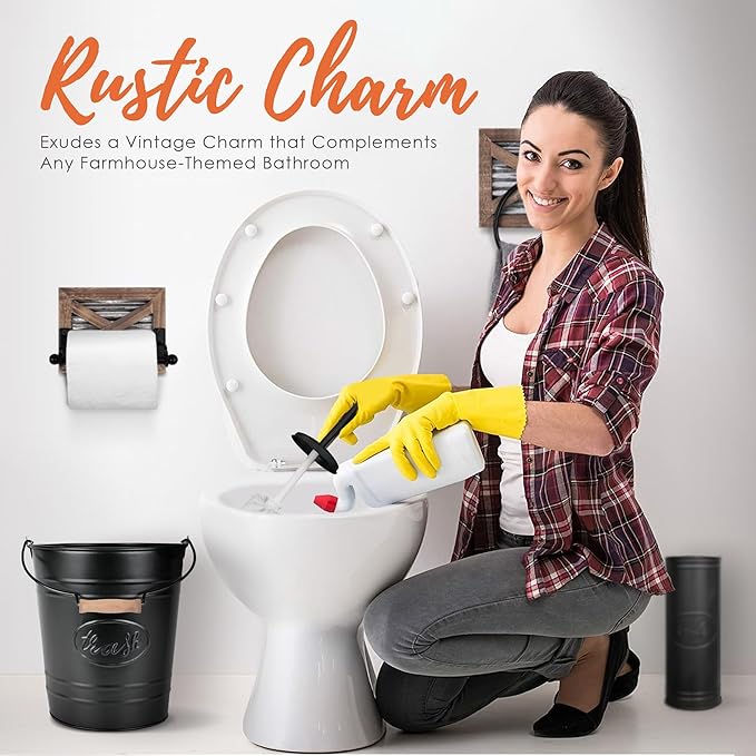 Autumn Alley Farmhouse Bathroom Trash Can and Toilet Brush Set - Rustic Bathroom Accessories for Charming Bathroom Décor Matte Black Heavy Gauge Metal