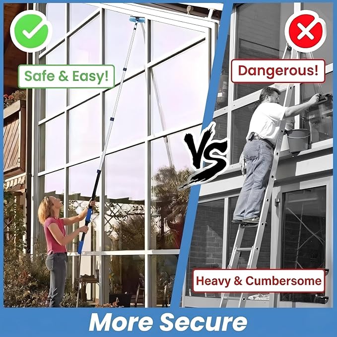 36ft High Ceiling Duster Kits with 5-30ft Heavy Duty Extension Pole - Fan Blade Cleaner Cobweb Remover &amp Blue Window Squeegee Kit Washable Dust Brush for High Roof and Glass Surfaces