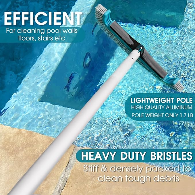 Swimming Pool Cleaning Kit - Aluminum Frame Skimmer Net with 10Ft Adjustable Pole &amp 17.5” Pool Brush Head Pools Maintenance Kits for Inground &amp Above Ground Swimming Pools Removes Debris