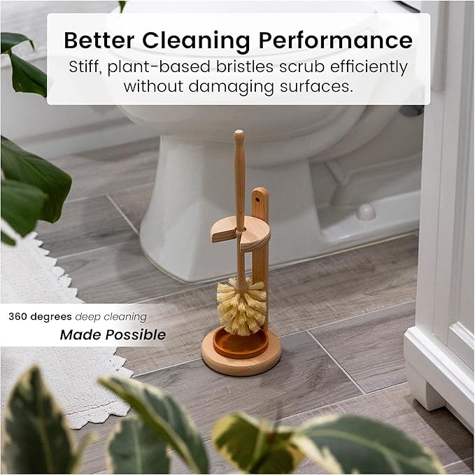 Toilet Bowl Cleaner Brush with Holder 14 Inch Extra Long German Beechwood Handle Strong Hemp Bristles Ceramic Drip Tray Biodegradable