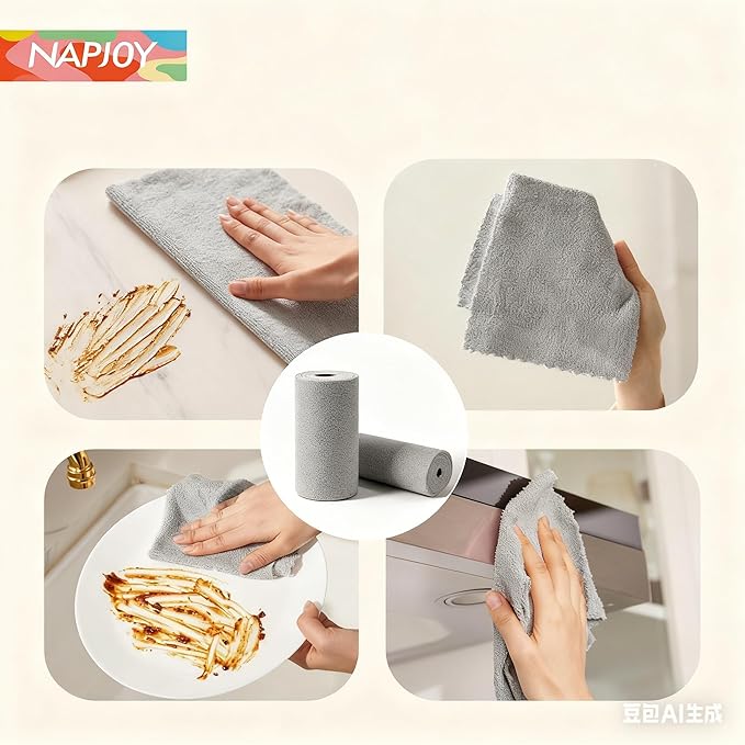 Napjoy Microfiber Cleaning Cloth Roll 75PK Easy Tear Away Reusable Paper Towels 12 x 12 Lint-Free and Scratch-Free with Patented Fiber Technology Microfiber Towel Roll Grey