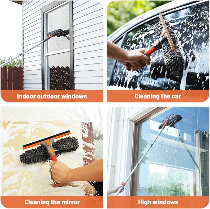 Eazer 64'' Squeegee Window Cleaner 2 in 1 Rotatable Window Cleaning Tool Kit with Telescopic Pole Window Washing Equipment with Bendable Head for Indoor/Outdoor Window and Car Glass