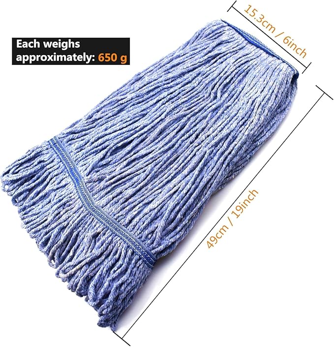 String Mop Heads Replacement Heavy Duty Commercial Grade Blue Cotton Looped End Wet Industrial Cleaning Mop Head Refills (2 Large)