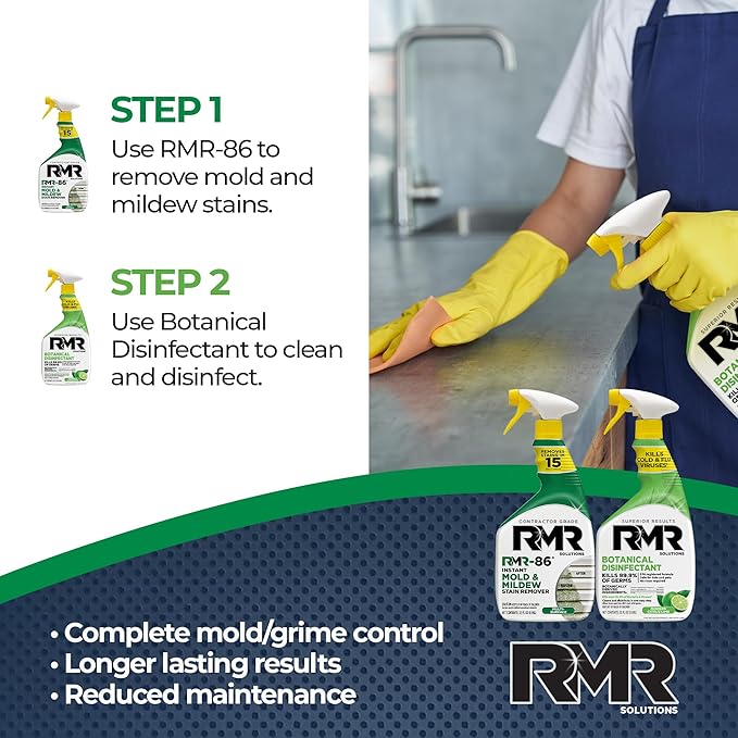 RMR Stain &amp Sanitation System –Instant Mold &amp Mildew Stain Remover + Botanical Disinfectant Cleaner Indoor/Outdoor Cleaning Kit for Kitchens Bathrooms Furniture Siding &amp Deck 2–32 Oz