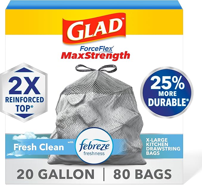 Glad ForceFlex MaxStrength XL Kitchen Trash Bags 20 Gal Fresh Clean 80 Ct (Package May Vary)