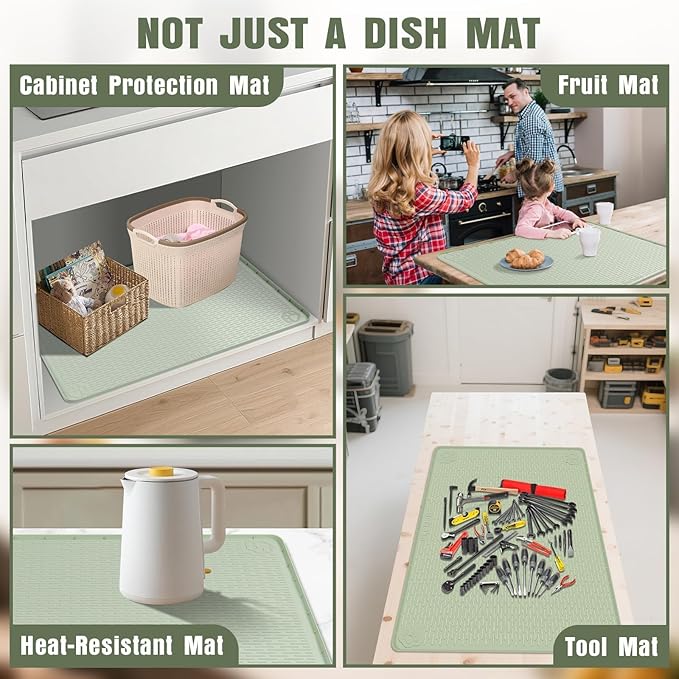 Kalolary Extra Large Silicone Dish Drying Mat 40 x 28 Drying Drainer Pad for Kitchen Counter Silicone Under Sink Mat with Raise EdgeWaterproof Pet Feeding Mat Bar Mat Non-Slip (Green)