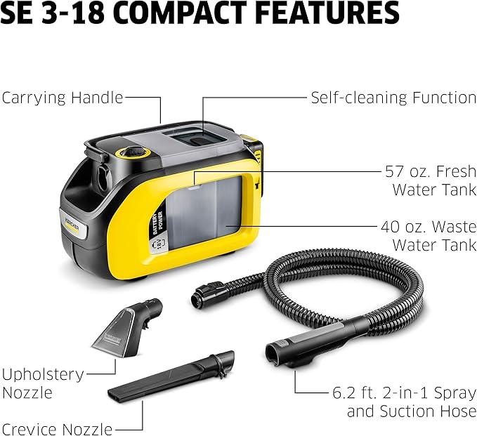 Kärcher SE 3-18 Carpet Extractor Self-Cleaning Function with 5.0 Ah 18 V Battery/Real Time Technology LCD Display Lithium-Ion Cells + Fast Charger