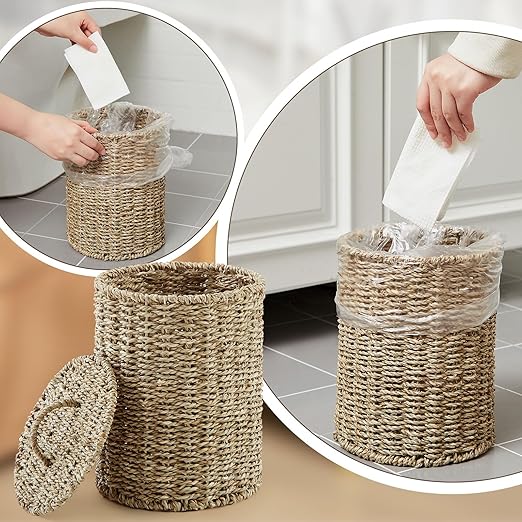 Ctosree 1.3 Gallons Small Trash Can with Lid Handle Boho Woven Braided Bathroom Waste Basket Trash Can with 100 Garbage Bags for Bedroom Office Laundry(Primary ColorBraided Straw RopeRound)