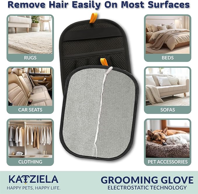 Katziela FurTidy Glove Pet Hair Remover Glove for Dogs &amp Cats Reusable Electrostatic Grooming Mitt for Furniture Clothing Carpet &amp Car Seats – Washable &amp Eco-Friendly Deshedding Tool