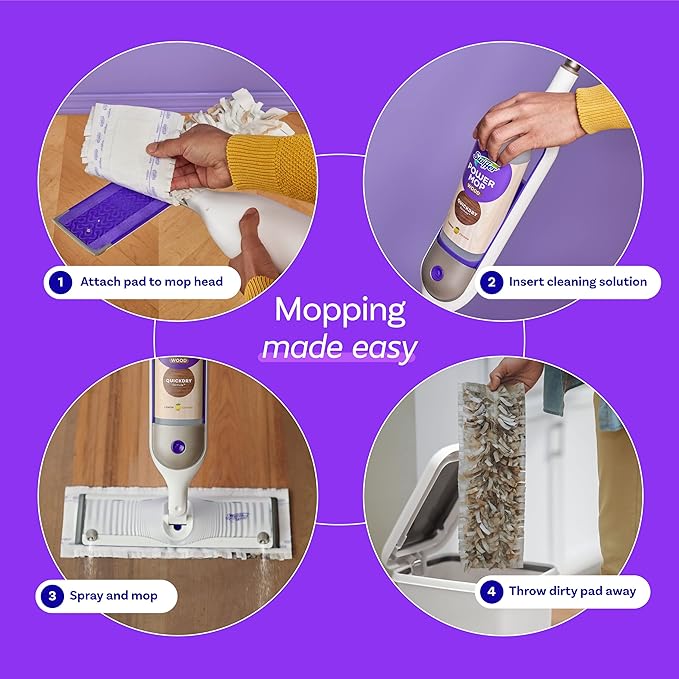 Swiffer Power Mop Wood Hardwood Floor Cleaner for Mopping Home Bathroom Kitchen All Purpose Multi-Surface Cleaning Set includes PowerMop Wood 2 Pads 1 QuickDry Lemon Solution &amp 2 Batteries