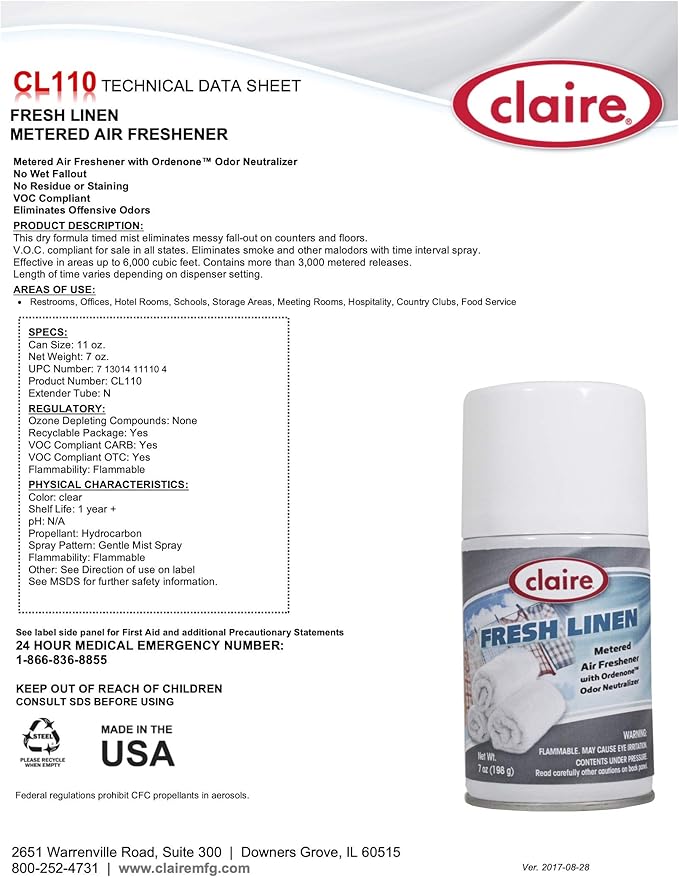 Claire CL110-12pk Fresh Linen Metered Air Freshener 7 Oz. Net Wt. 12 Count