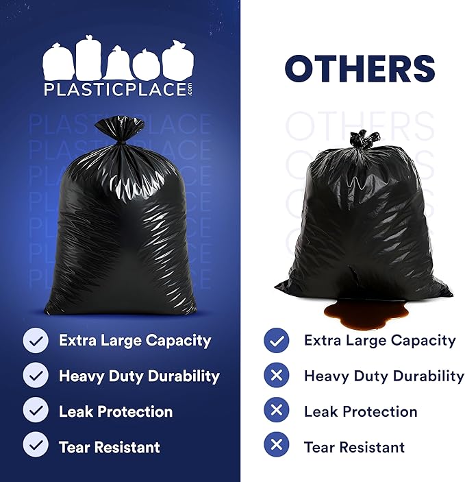 Plasticplace - W65LDBTL2RL 64-65 Gallon Trash Can Liners for Toter │ 2.0 Mil │ Black Heavy Duty Garbage Bags │ Rolls │ 49” x 59” (50 Count)