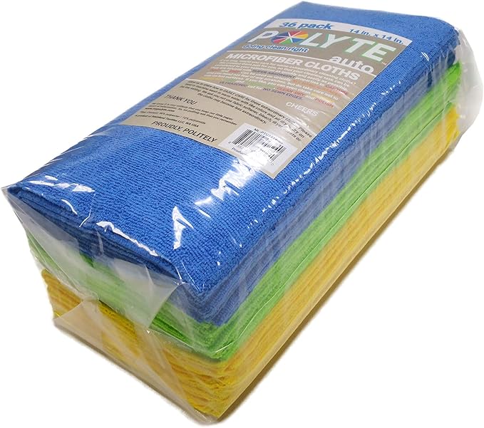 POLYTE Microfiber Cleaning Cloth Ultrasonic Cut Edgeless 14 x 14 in (36 Pack BlueGreenYellow)