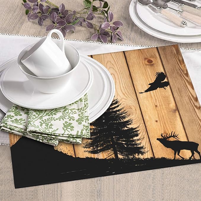 Retro Rustic Wolf Deer Forest Brown Wood Dish Drying Mat for Kitchen Counter 16x18 Microfiber Absorbent Fast Dry Mat 2Pcs Dish Mat Faucet Mats Sets Large Drying Kitchen Mat Kitchen Drying Pad