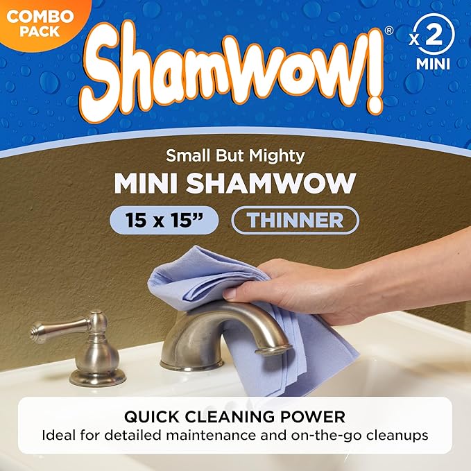 ShamWow Original Super Absorbent Multi-Purpose Cleaning Shammy Chamois Towel Cloth - Holds 10X its Weight in Liquid - Machine Washable - Will Not Scratch (4 Pack: 2 Large Orange &amp 2 Small Blue).