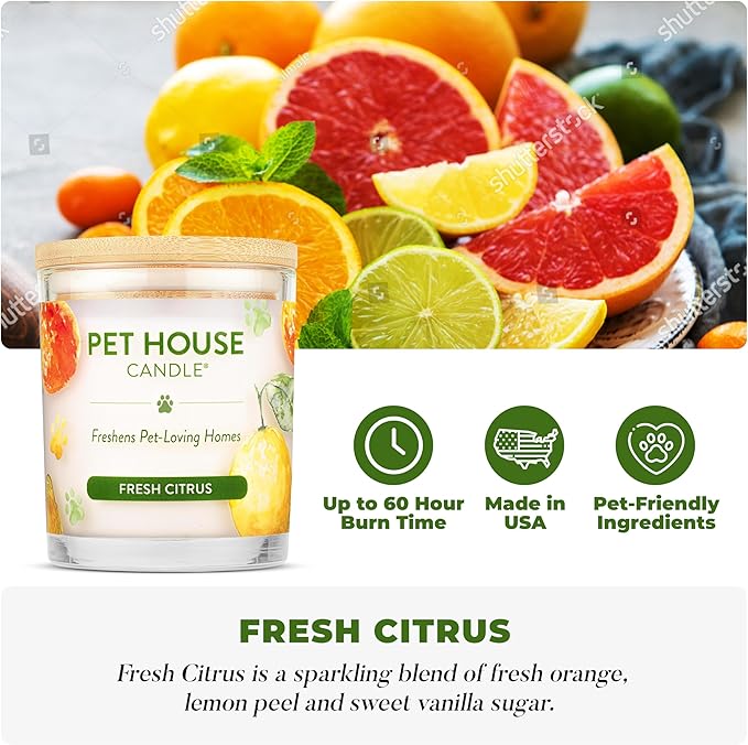 One Fur All Pet House Candle Plant-Based/Soy - Clean Burning Scented Long Lasting Pet Odor Candle for Home - Fresh Citrus