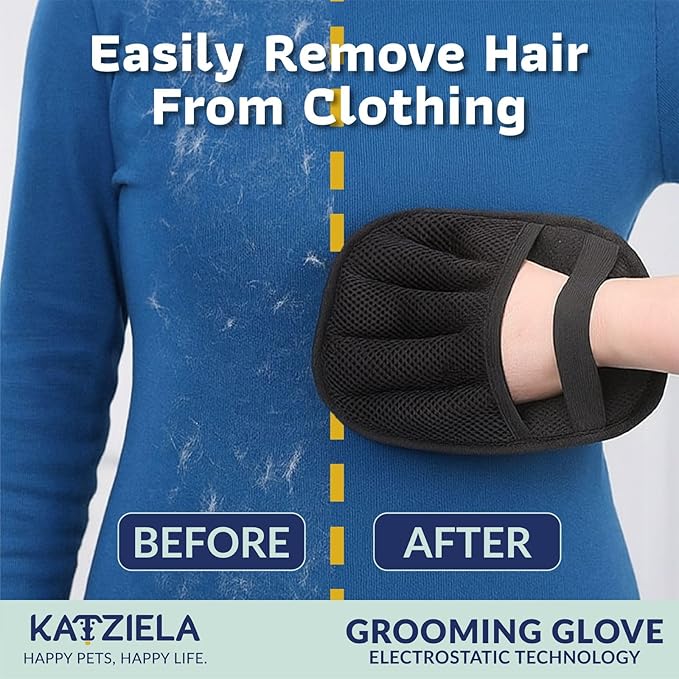 Katziela FurTidy Glove Pet Hair Remover Glove for Dogs &amp Cats Reusable Electrostatic Grooming Mitt for Furniture Clothing Carpet &amp Car Seats – Washable &amp Eco-Friendly Deshedding Tool