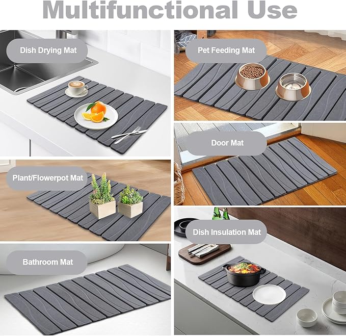 Stone Drying Mat for Kitchen Counter 24x16 Large Diatomaceous Earth Stone Dish Drying Mat Fast Absorbing Foldable Quick Dry Stone Sink Mat for Dishes Pans &amp Kitchen Utensils (Gray)