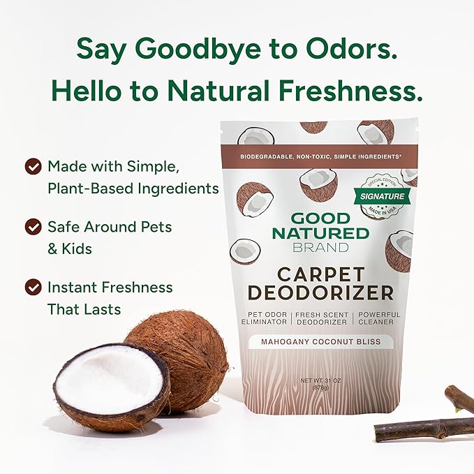 Good Natured Brand | Carpet Deodorizer &amp Freshener Powder | 31 oz Pet Odor Eliminator for Strong Odor &amp Pet Urine | Fresh Natural Mahogany Coconut Bliss Scent | Safe for Homes with Pets