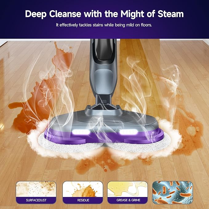 Steam &amp Scrub Mop with Rotating Mop Pads LED Headlights Adjustable Spin Control for Cleaning Hard Floor
