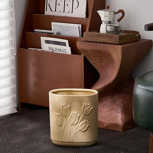 Beige Ceramic Tulips Small Bathroom Trash Can 2.6 Gal (10 Liter) - Heavy &amp Decorative Garbage Bin for Bathroom Kitchen Office Bedroom &amp Living Room Corner