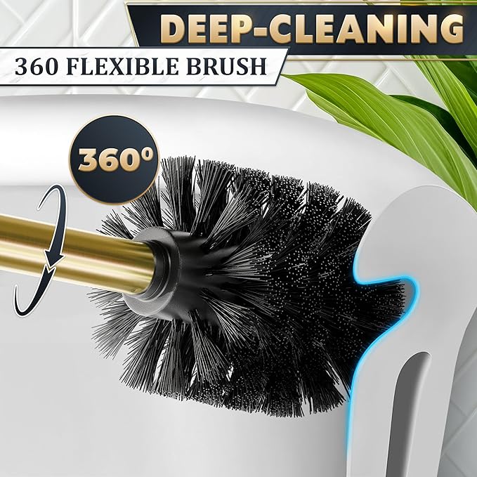 2 PCS Gold Toilet Brush and Holder Set - Brushed Stainless Steel Gold Toilet Bowl Brush and Holder with Replacable Head Removable Inner Bowl and Splash Protection - Dense Bristles for Cleaning