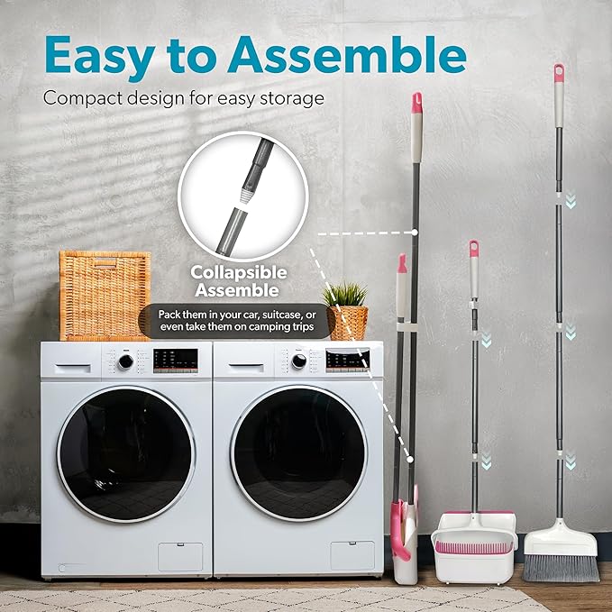 BLACK+DECKER Butler Broom &amp Dustpan Set - Stand-Up Design - Lightweight Space-Saving Combo for Kitchen Living Room Bathroom Lobby Floors - Home Cleaning Essential White/Pink