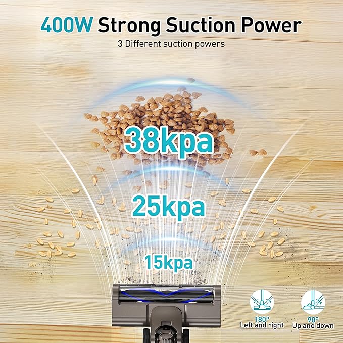 Cordless Stick Vacuum 38KPa 400W for Home Pet Hair Car Hardwood Floor