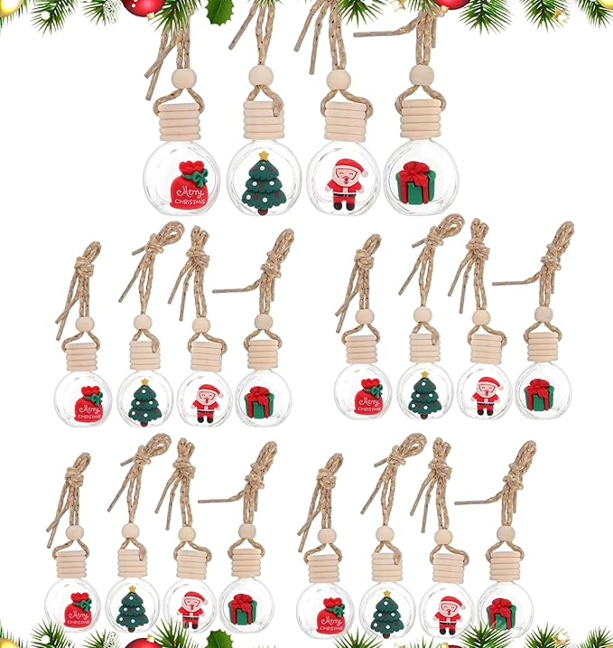 20 Pcs Hanging Car Air Freshener Diffuser Bottles Empty Glass Perfume Essential Oil Bottle Christmas Car Air Freshener Clear Diffuser Pendant for Holiday Decoration