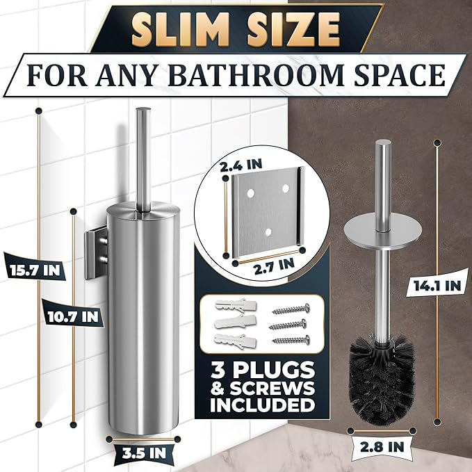 Silver Modern Toilet Brush and Holder Set with Wall Mount - Stainless Steel Toilet Brush with Holder - Removable Inner Bowl Shiny Design Splash Protection &amp Dense Bristles for Bathroom Cleaning