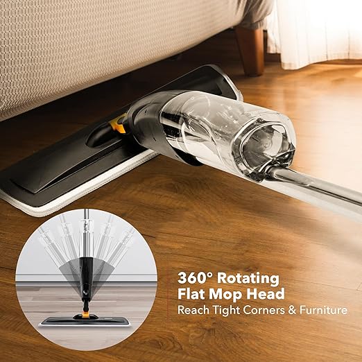 OVENTE Microfiber Spray Mop for Floor Cleaning with Refillable Bottle Washable and Reusable Pad 360° Spin Flat Cordless Wet Scrubber for Hardwood Ceramic Laminate and Vinyl Tiles Black CTM121BGD