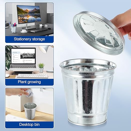 3Pcs Mini Metal Trash can with Lid 3.74X3.54X3.54In Small Desktop Waste Bin Flowerpot for Home Office Storage Organization