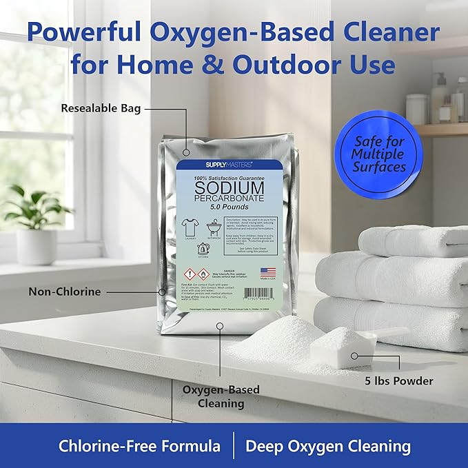 Sodium Percarbonate Powder 5 lbs – Non-Chlorine Oxygen Bleach Alternative &amp Stain Remover – Multi-Purpose Cleaner for Laundry Carpets Tile Decks Kitchens &amp Outdoor Surfaces
