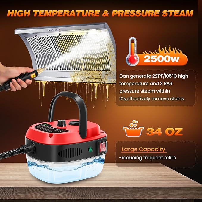2500W Handheld Steam Cleaner 10S Rapid Heating Steamer with 6 Adjustable Levels 36oz Large Capacity Water Tank Portable High-Power Steam Cleaner for Home Kitchen Bathroom Floor Car