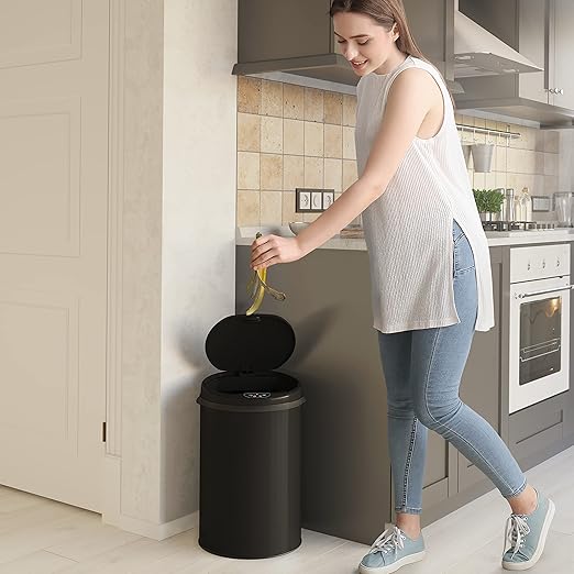 iTouchless 8 Gallon Sensor Trash Can with Odor Filter System 30 Liter Round Black Steel Garbage Bin Perfect for Home Kitchen Office
