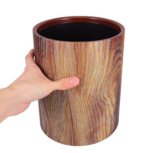 PartyKindom Vintage Imitation Wood Grain Trash Can Round Lidless Garbage Bin for Office and Home Sturdy Easy-Clean Wastebasket with Natural Wood Look Bathroom and Bedroom Waste Container